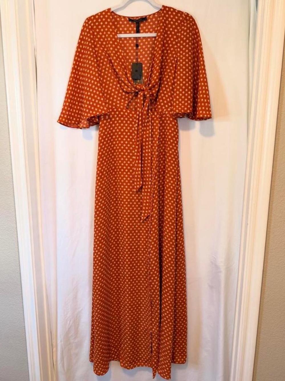 BCBGMaxAzria Rust Polka Dot Tie-Front Maxi Dress